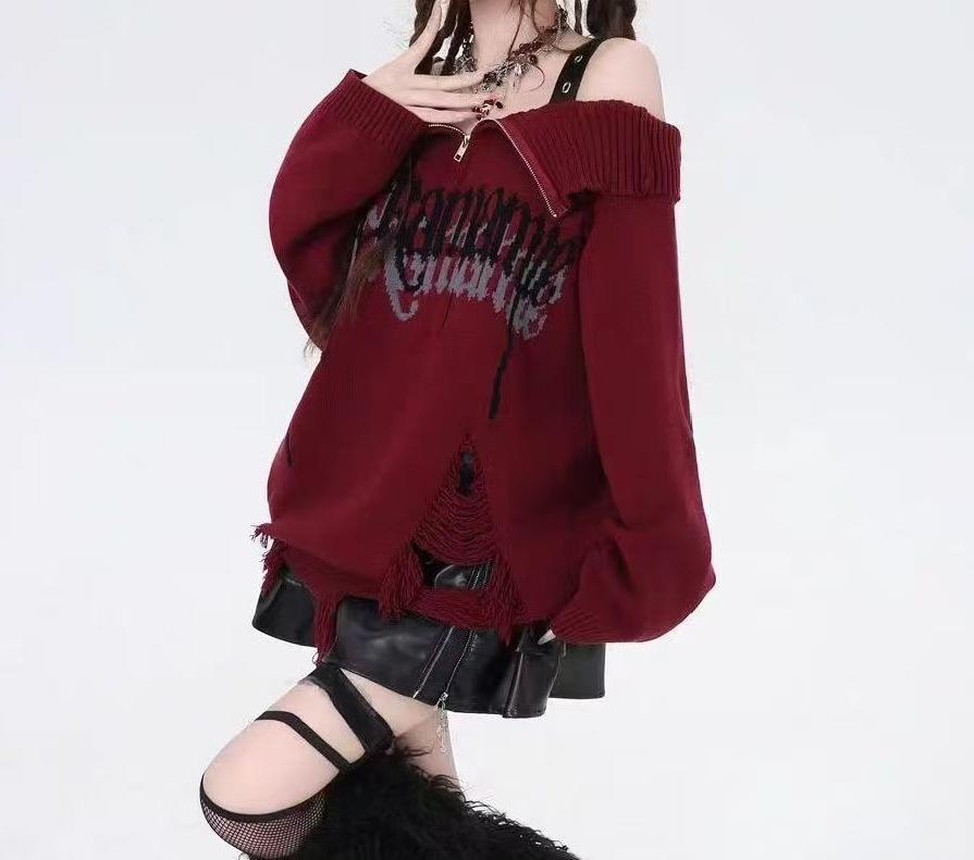 Korean Style Punk Off-Shoulder Ripped Sweater - Women's Autumn/Winter Knitted Top