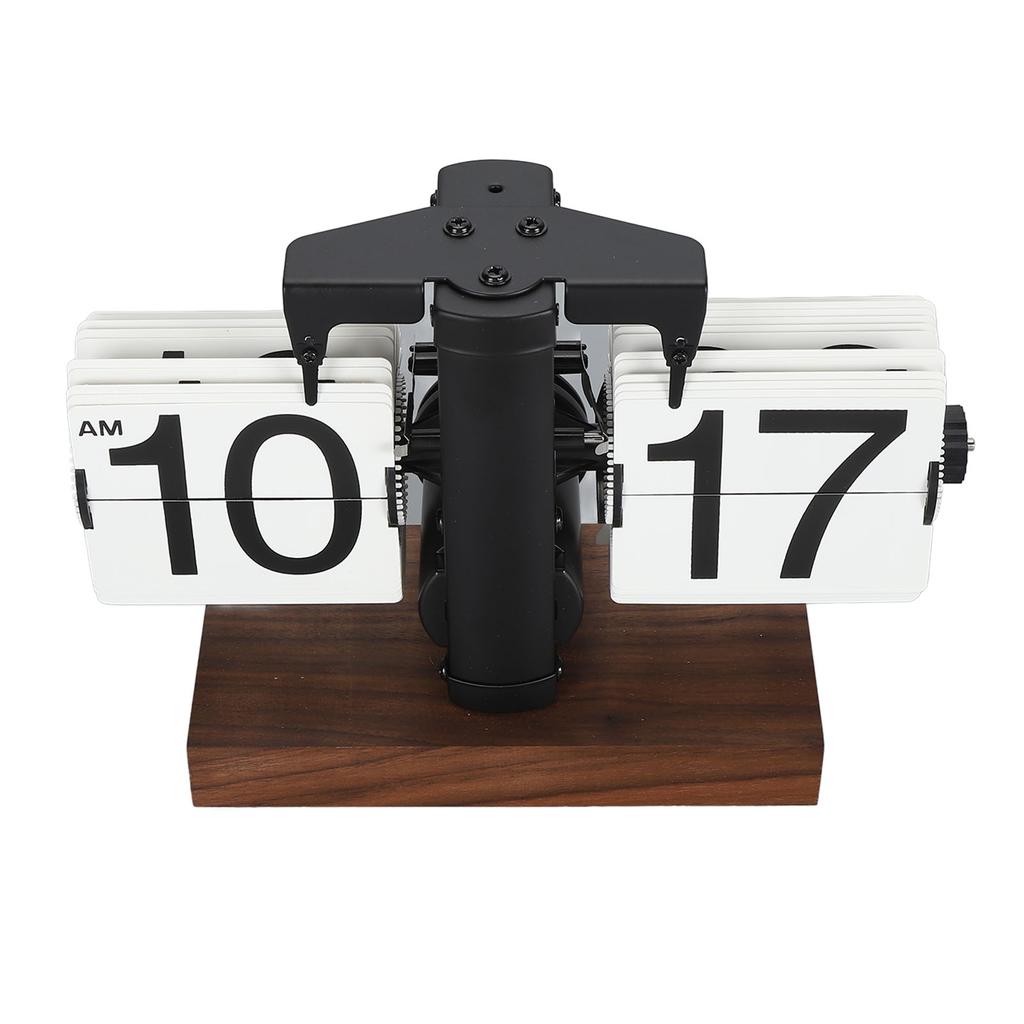 Digital Flip Clock 12 Hours Single Sided Large Number Automatic Retro Mechanical Flip Clock with Wood Base for Bedroom Office