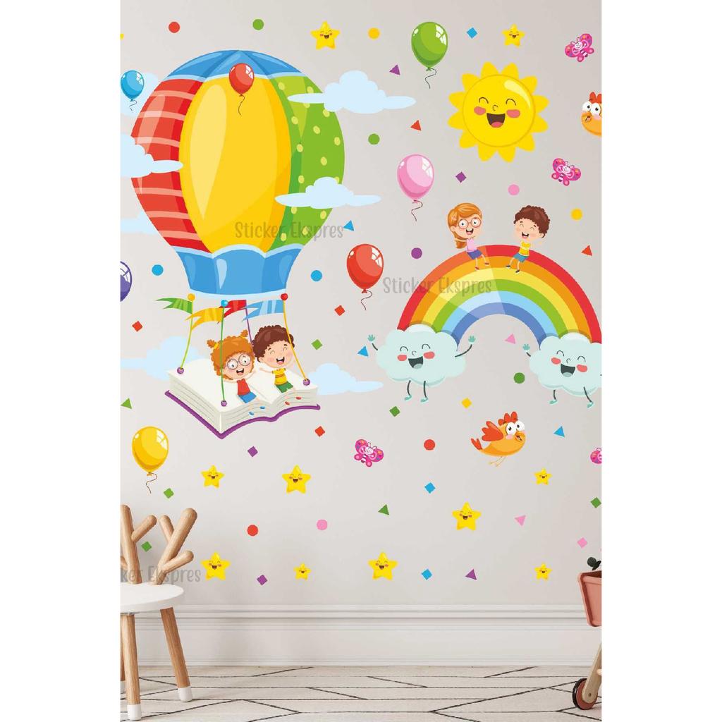 Kids Flying In Balloons From The Book Kindergarten School Children's Room Nursery Wall Door Glass Sticker Set
