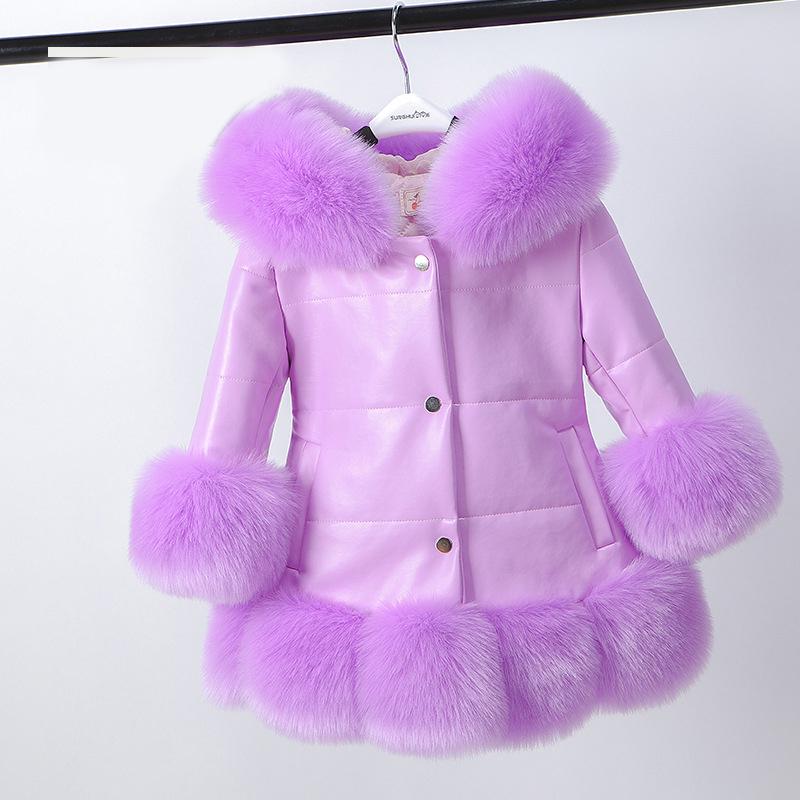 YUBAOBEI Christmas Winter Thick Warm Girls Leather Jacket Kids Soild Color Plush Stand Collar Hooded Coat