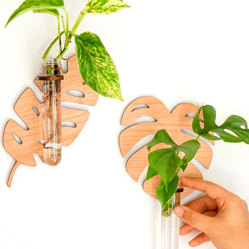 1PC Wall Planters Home Decor Wooden Bohemian Plant Hangers Wall-Mounted Plastic Tube Leaf Shape Hanging Shelf