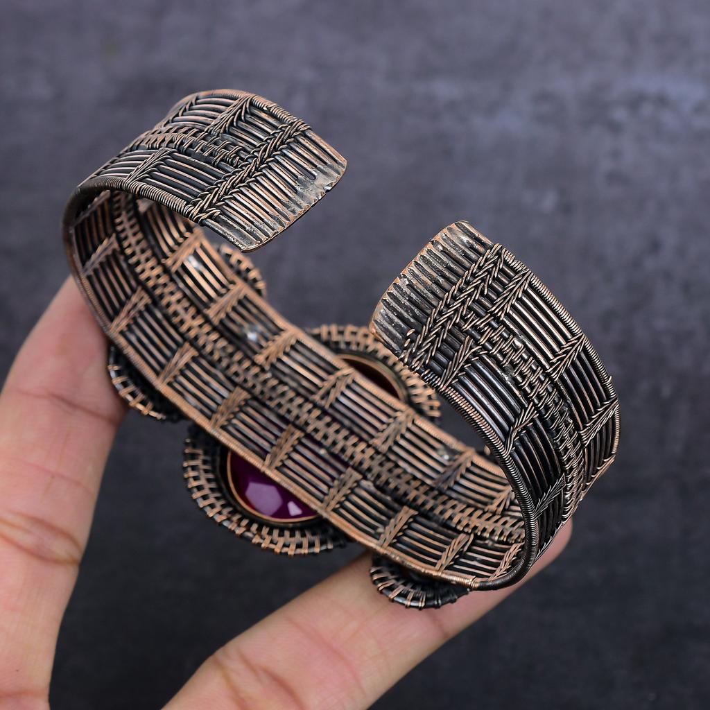 Pink Rubillite Handmade Copper Wire Wrap Cuff Bangle Adjustable R7J26