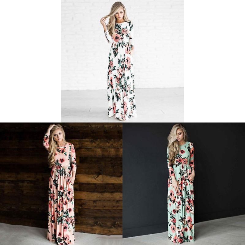 Elegant Summer Floral Print Long Sleeve Dress For Women In White Pink Green And Navy Blue