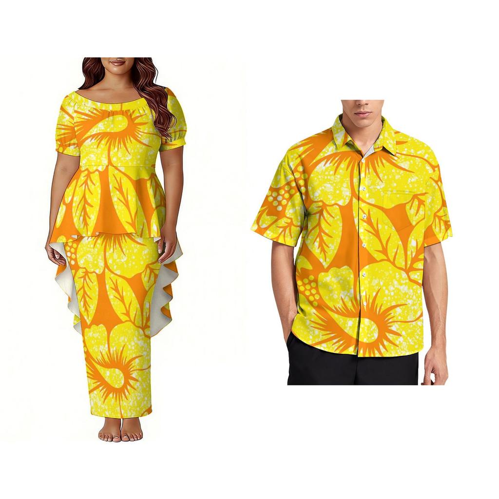 Custom Polynesian Bubble Short Sleeve Long Dress Lady Puletasi Dress Match Plus Size Men Stiff Neck Shirt Sets off Couples 2pcs