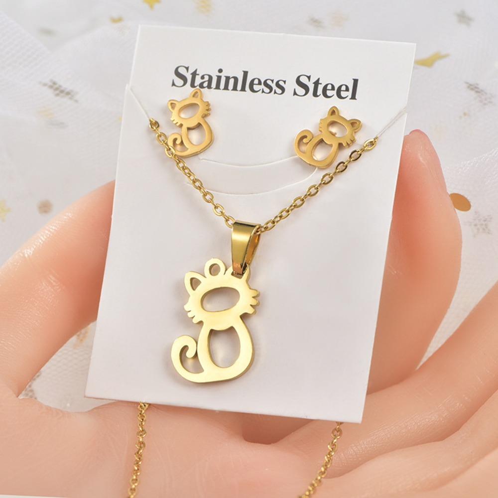 2pcs Set Korea Fashion Hollowed-out Cute Little Cat Stud Earrings Necklace Set for Women New Design Stainless Steel Jewelry Gift