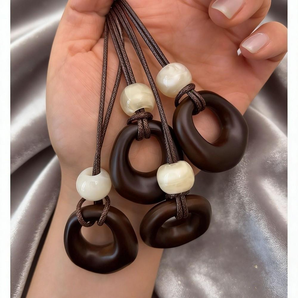 Leather Rope Geometric Pendant Necklace Adjustable Length Sweater Chain Women
