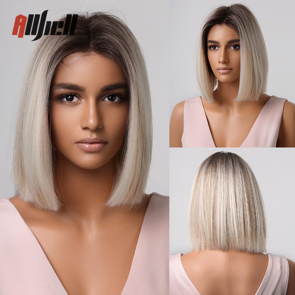 Synthetic Bob Hair Wig with Bangs Ombre Platinum Blonde Cosplay Wigs for Women Short Heat Resistant Female Daily Lolita Wavy Wig