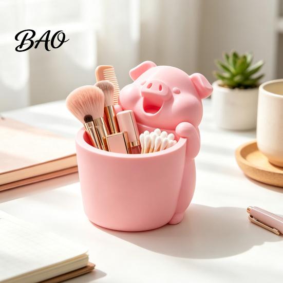 Desktop Clutter Organizer 3D Printed Cute Piggy Storage Pot, Cartoon Pig Shaped Pen Holder, Makeup Tool Holder Brush Organizer, Multifunctional