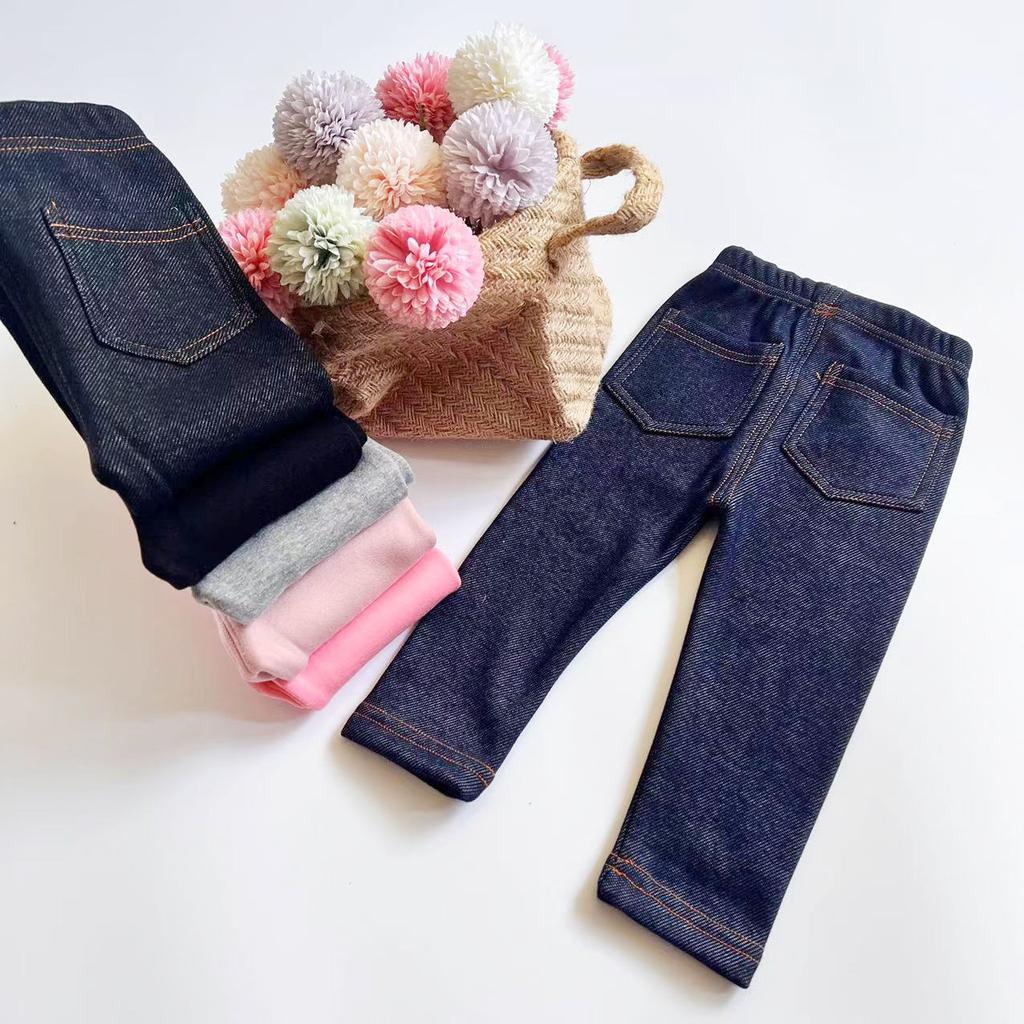 Autumn and Winter Winter Children's Jeans Boys and Girls' Solid Color Thin Velvet Elastic Belt Jeans Infant Elastic Denim Pants1-6Y