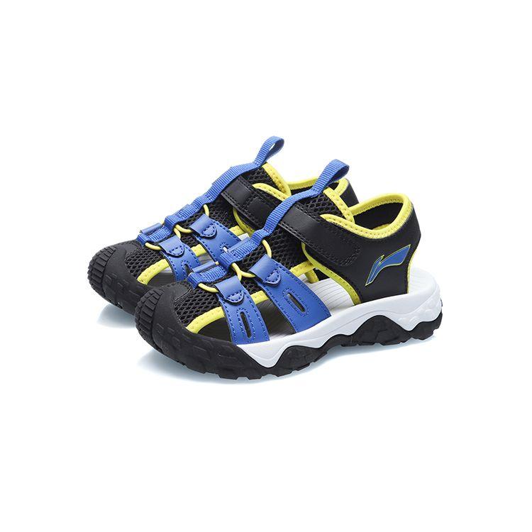 Сандалии Li Ning Kids Sports Lifestyle Series с закрытым носком на липучке и дышащими отверстиями на плоской подошве, детские сандалии черного, синего и желтого цвета YKKR028-3