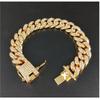 Full Crystal Stone Cuban Chain Hip Hop Bracelet For Men Copper Color Metal Link Chain Rhinestone Luck Closure Mens Bracelet