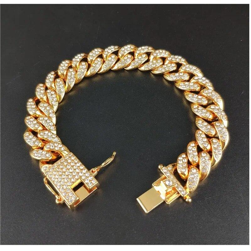 Full Crystal Stone Cuban Chain Hip Hop Bracelet For Men Copper Color Metal Link Chain Rhinestone Luck Closure Mens Bracelet