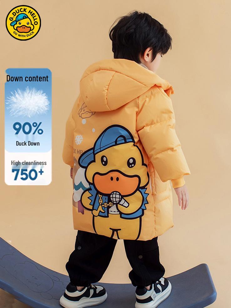 2025 Unisex Yellow Duck Down Jacket for Kids - Mid-Length, Thickened Winter Coat
