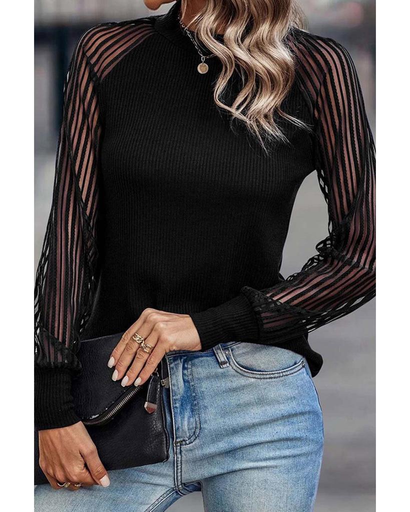 Azura Exchange Полосатый сетчатый топ с длинными рукавами и круглым вырезом в рубчик