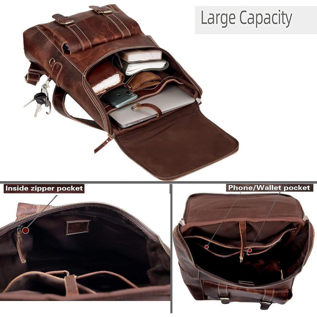 Leather Backpack for Men - 17 Inch Laptop Bag - Vintage Travel Rucksack - Casual Daypack for Womens (BROWN)