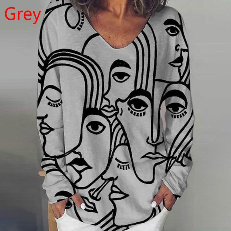 Новая Женская Мода Тренд Одежда Свободная Повседневная С Длинным Рукавом Футболка с V-образным вырезом и Принтом Персонажа и Блузки Больших Размеров Топы