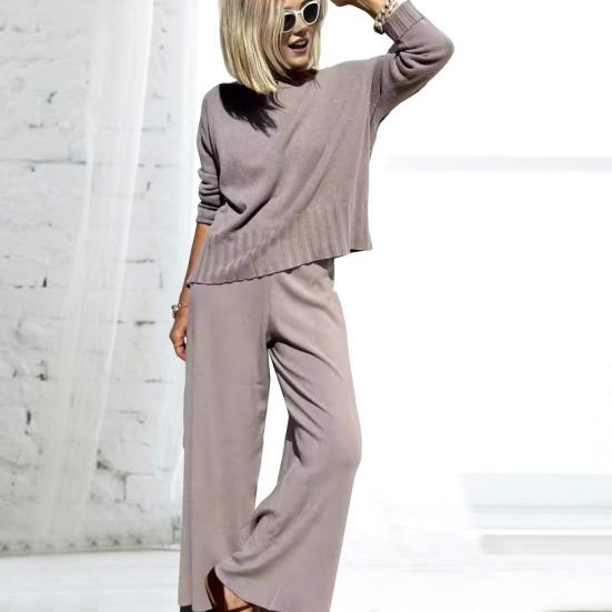 2 шт./комплект женский топ брюки костюм круглый вырез длинный рукав трикотажные сплошной