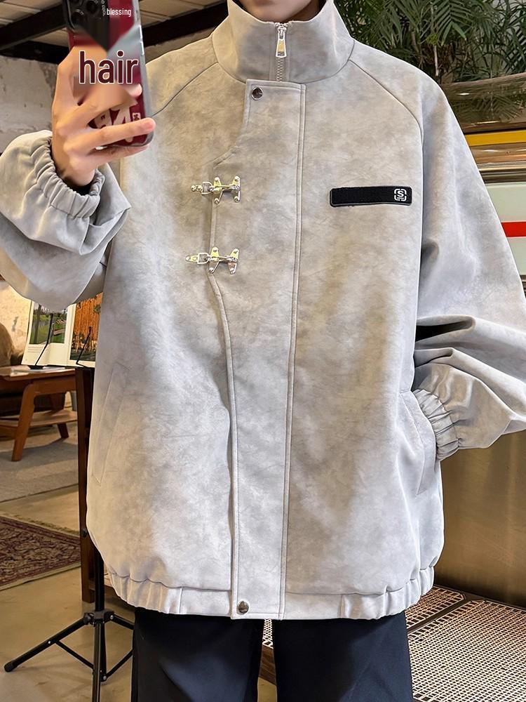 Мужская куртка из ПУ кожи с воротником-стойкой и металлической пряжкой - Ретро-стиль тай-дай для весны и осени