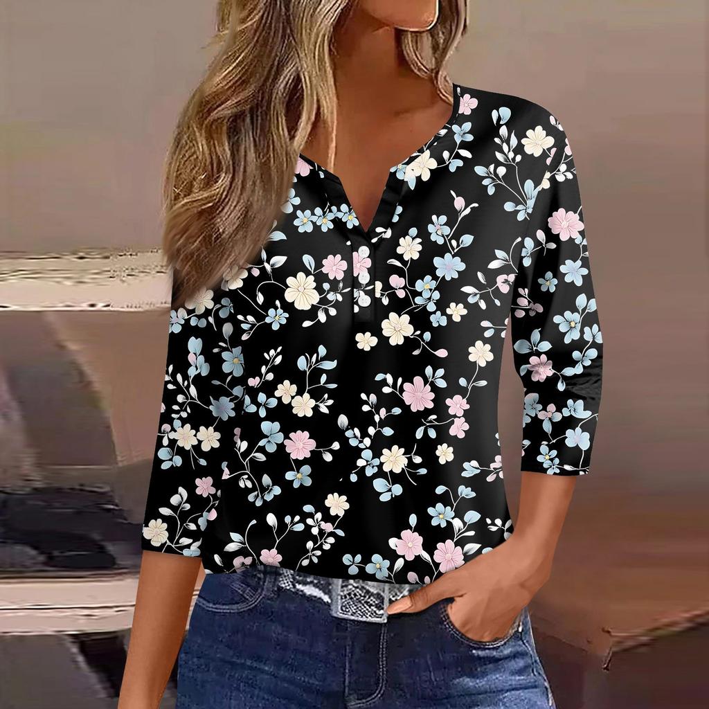 Women's T Shirt Print Button 3/4 Sleeve Daily Weekend Fashion Basic V- Neck Regular Top
