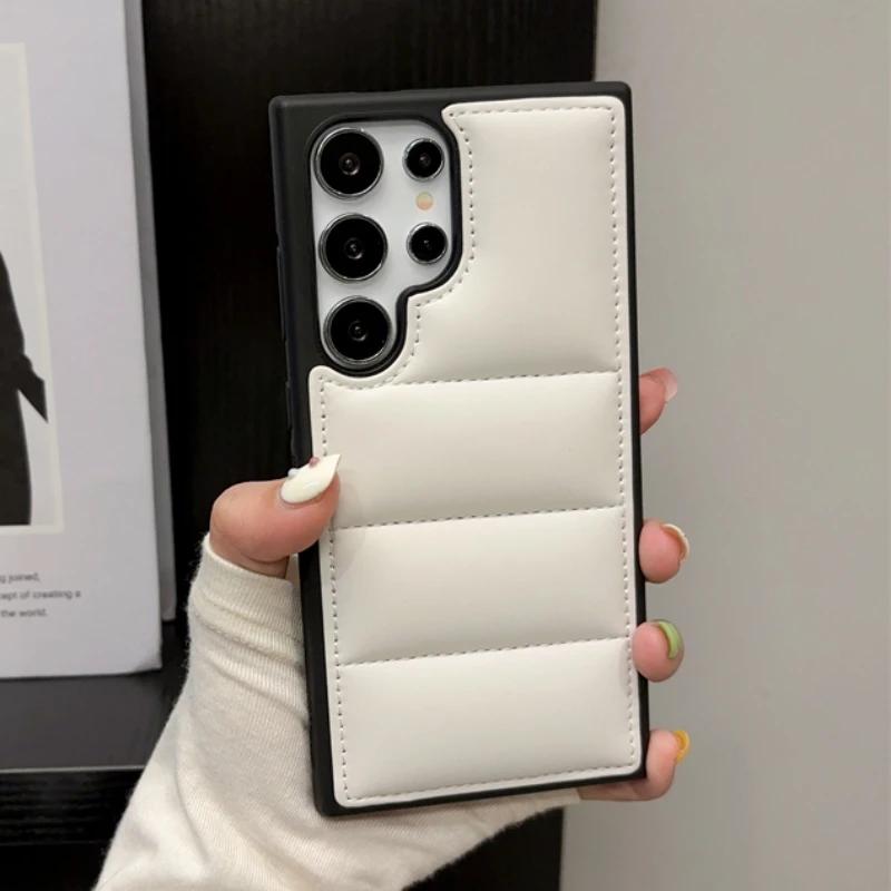 Luxury Soft Fabric Down Jacket Puffer Phone Case For Samsung S25 S24 S23 S22 Ultra Plus Silicone Back Cover For Galaxy S25+Funda