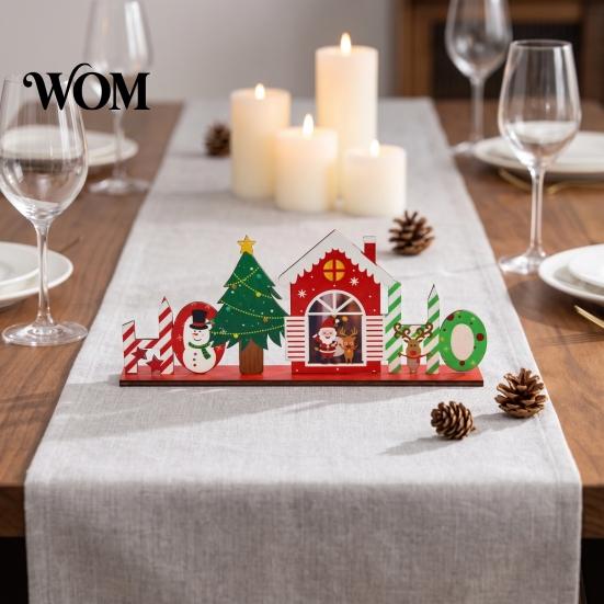 Rustic Wooden Cabin Decor Christmas Ornaments, Tabletop Decoration with Santa Claus Snowman Elk Window Display Props Designs for Home Holiday