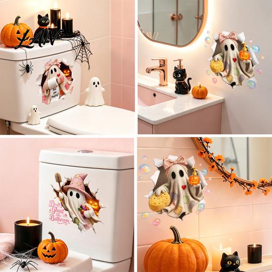 Spooky Bathroom Wall Decor Halloween Sticker, Cute Ghost Witch Cat Toilet Decal, Lifelike Art Skeleton Are You Pooping Sticker for Funny English Quote