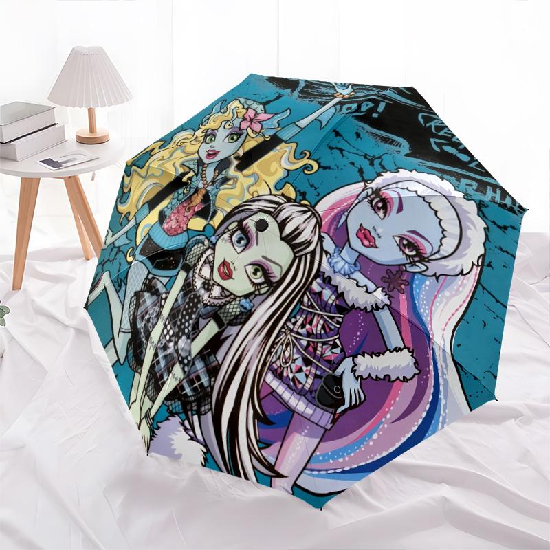 Monster High pattern, automatic folding umbrella, portable and foldable design, 8 ribs, a Christmas or birthday gift.