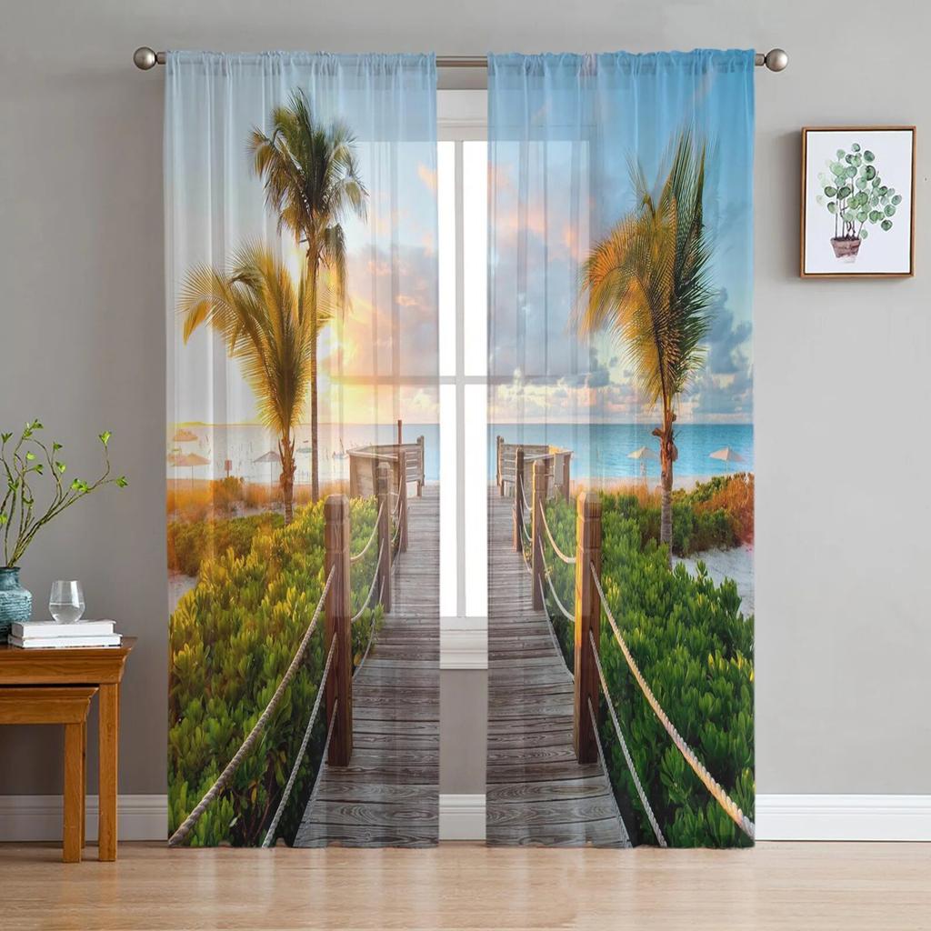 Modern Sheer Curtains Summer Beach Palm Trees Living Room Kitchen Children's Room Decoration Household Chiffon Window Curtains