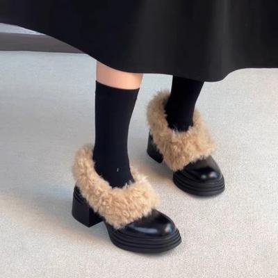 Зимние теплые водонепроницаемые хлопковые туфли на толстом каблуке женские ретро универсальные пушистые туфли с толстой подкладкой на высоком каблуке с квадратным носком