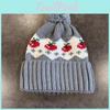 Knitted Warm Simple Hat Cherry Embroidery Design And Plush Decoration Ball