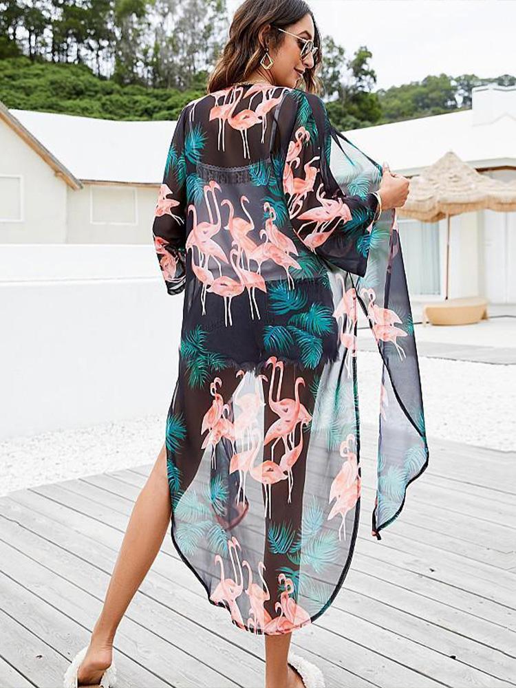 EDOLYNSA Зеленые фламинго в стиле бохо с принтом, шифоновое бикини, накидки, пляжная одежда больших размеров, платье-кимоно, женский летний купальник, накидка