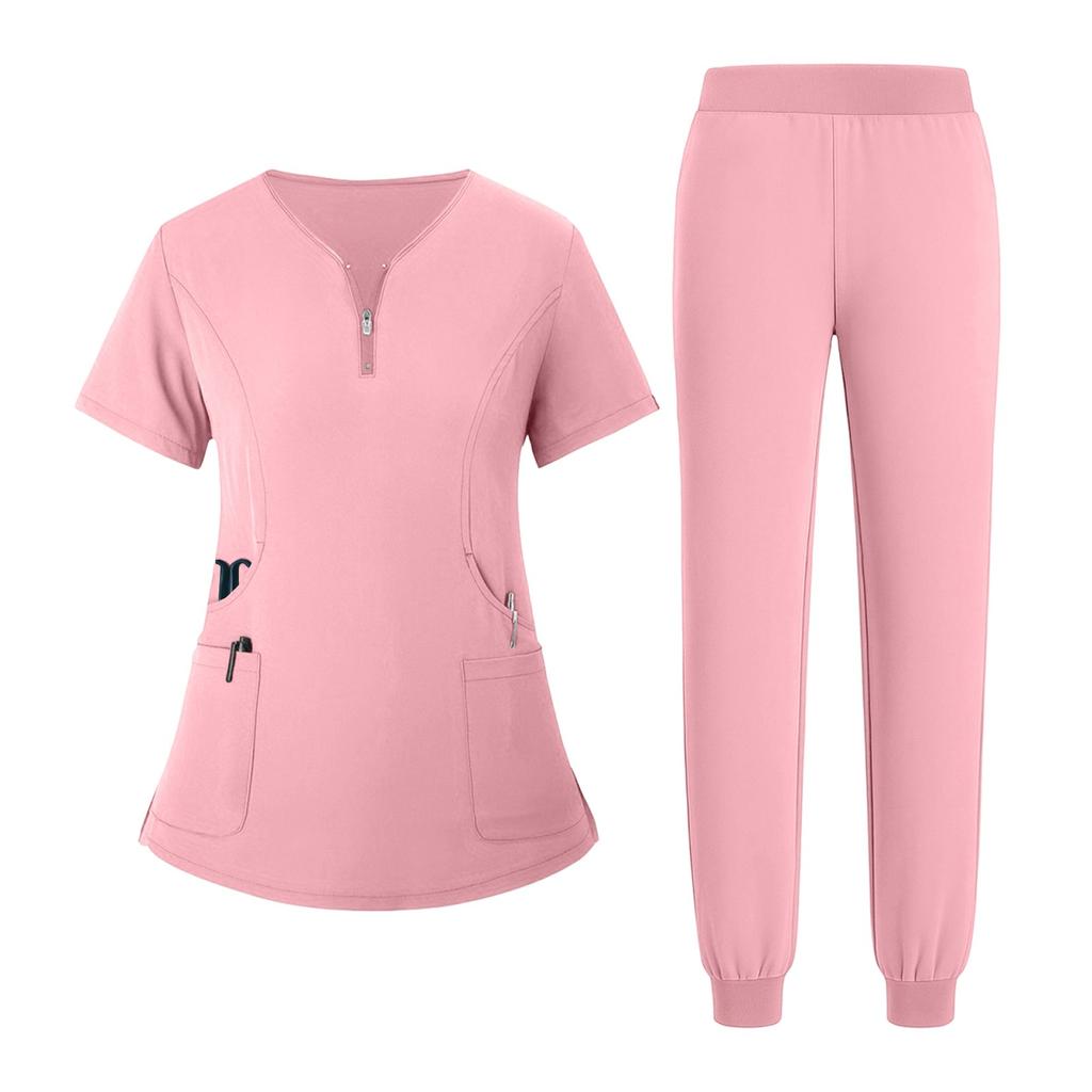 Women's Uniform Quick Drying Fabric Solid Color V-neck Zipper Pocket Short Sleeved Pants Set Caregiver Set