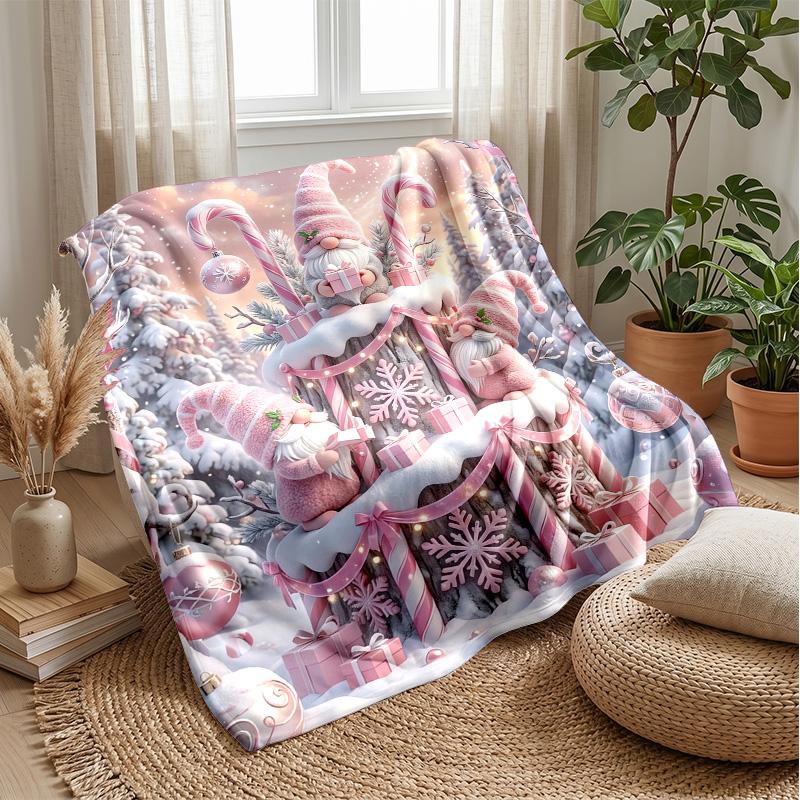Festive Pink Gnomes with Gifts Theme blanket Lightweight Warm Flannel Blanket Decorative Throw Blanket for Home Decoration