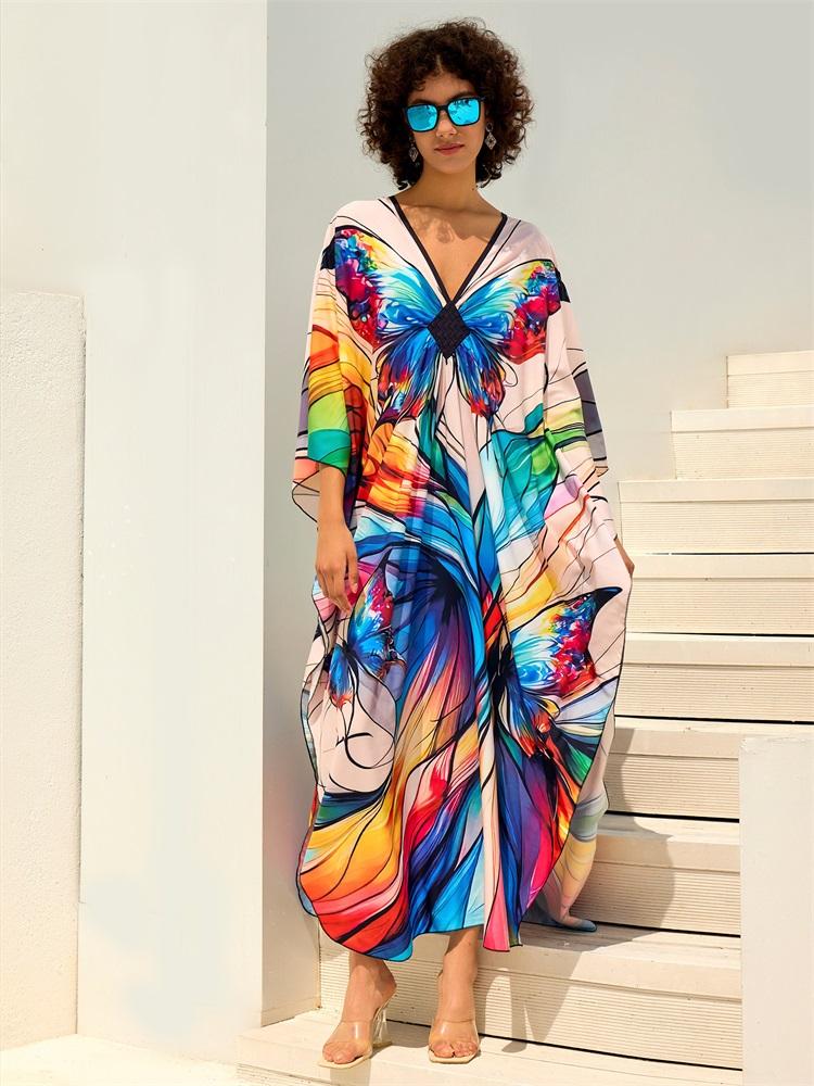 EDOLYNSA 2024 Fashion Butterfly Printed Plus Size Loose Kaftan Women's Bohemian Beach Dress Summer Swimsuit Cover-ups Casual House Robe Q1670