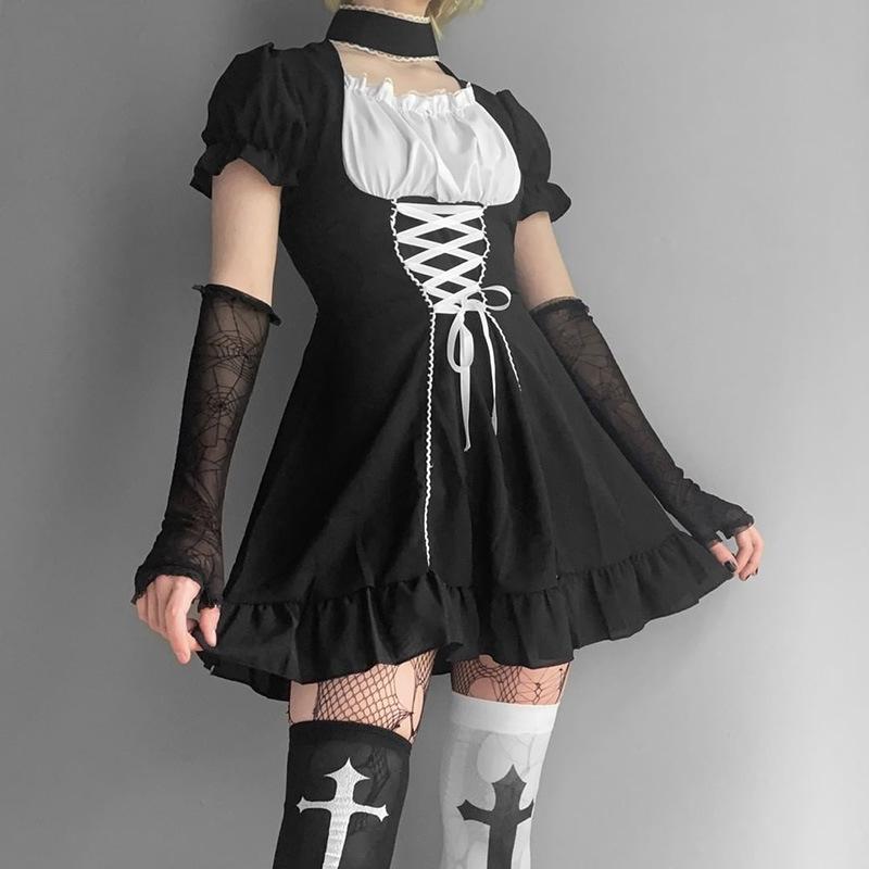 Y2k Готическое платье Лолита, женское темно-черное платье в студенческом стиле, осеннее контрастное цветное платье с пышными рукавами и завязками, женское платье
