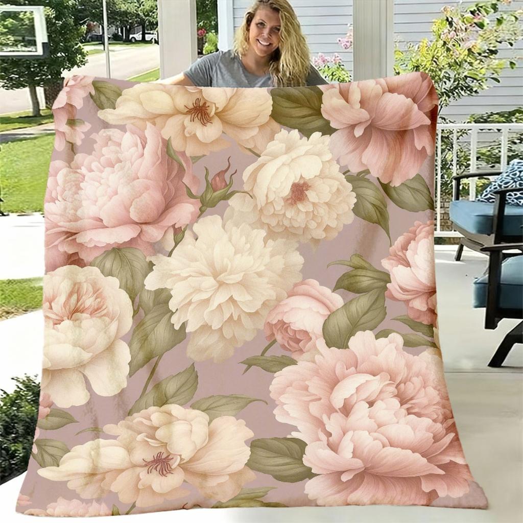 1pc Romantic Peonies Throw Blanket Soft Polyester, TearResistant, AllSeason, Artistic Floral Design, Machine Washable, Decorative Applique, Ideal for