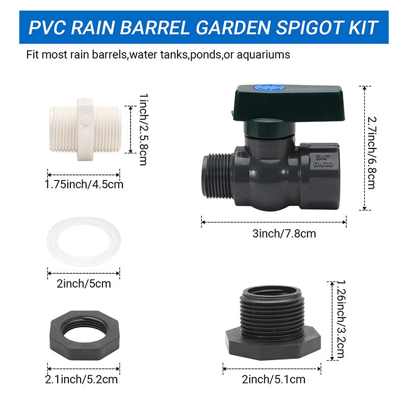 Pvc Rain Barrel Diverter Kit 3/4 Inch Rain Barrel Valve Rain Barrel Spigot Kit With Bulkhead Fitting Hose Faucet Adapter