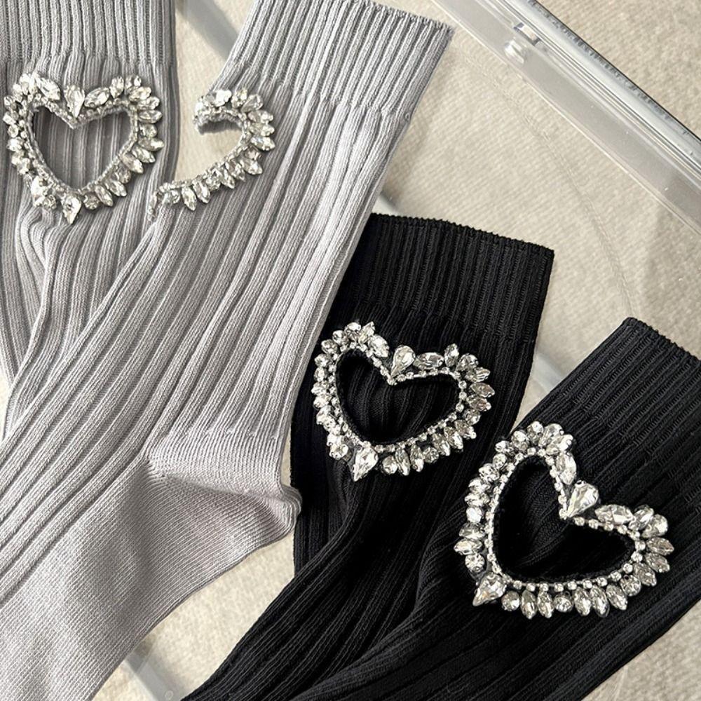 Хлопковые носки до середины икры с хрустальным стразом в форме сердца Женские мягкие носки-гольфы в стиле Y2K