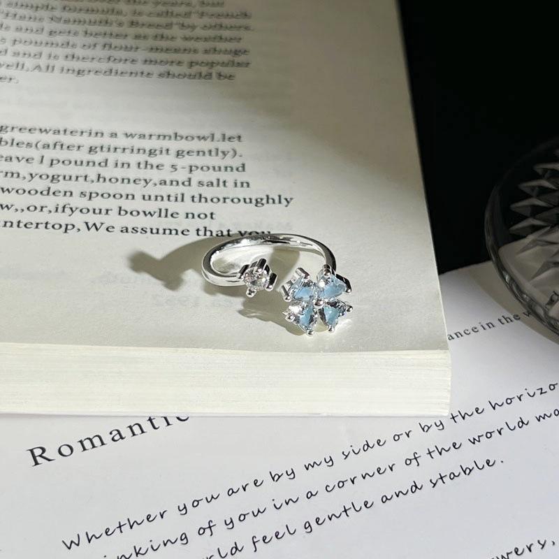 Summer New Glacier‑Blue Gradient Butterfly Flower Light‑Luxury Temperament Open Ring Niche Unique Design Adjustable Index Finger Trend Jewelry