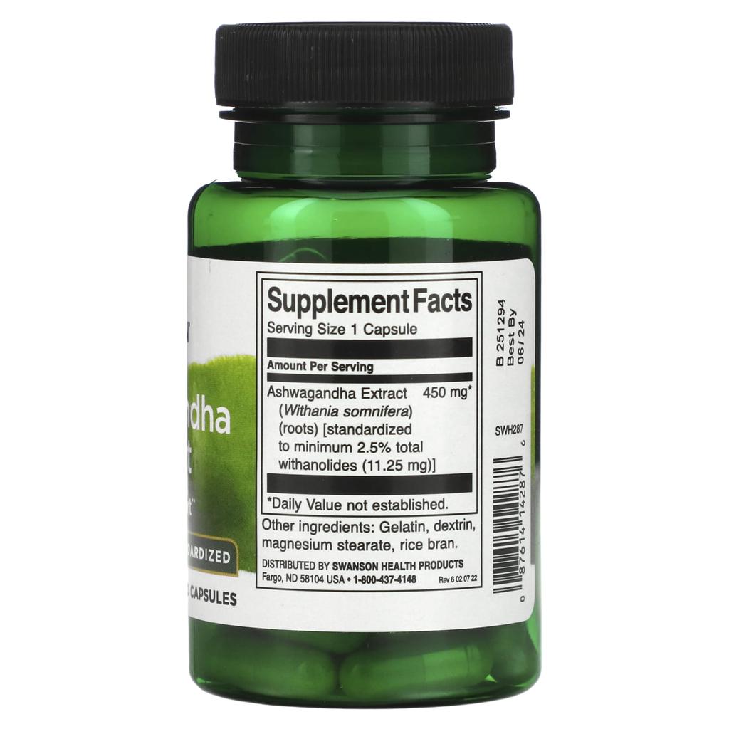 Swanson Ashwagandha Extract, Standardized, 450 Mg, 60 Capsules
