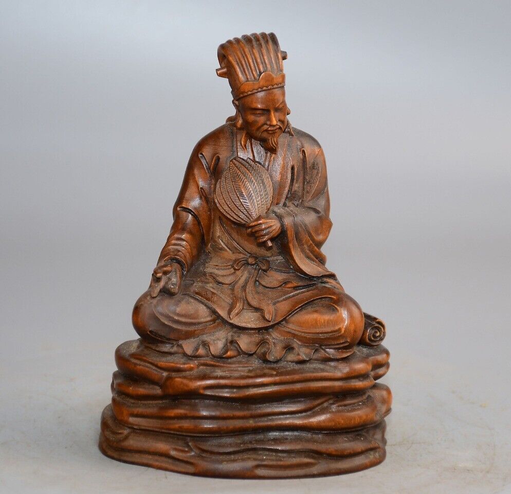 Chinese Antique Vintage Boxwood Carving Exquisite Zhuge Liang Statue Home Decor