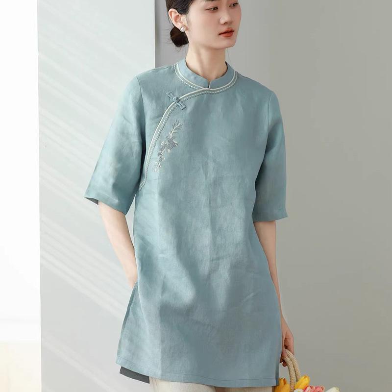 New Arrival: Retro Chinese Style Stand Collar Mid-Length Embroidered Pullover Top – Women's Summer Short Sleeve