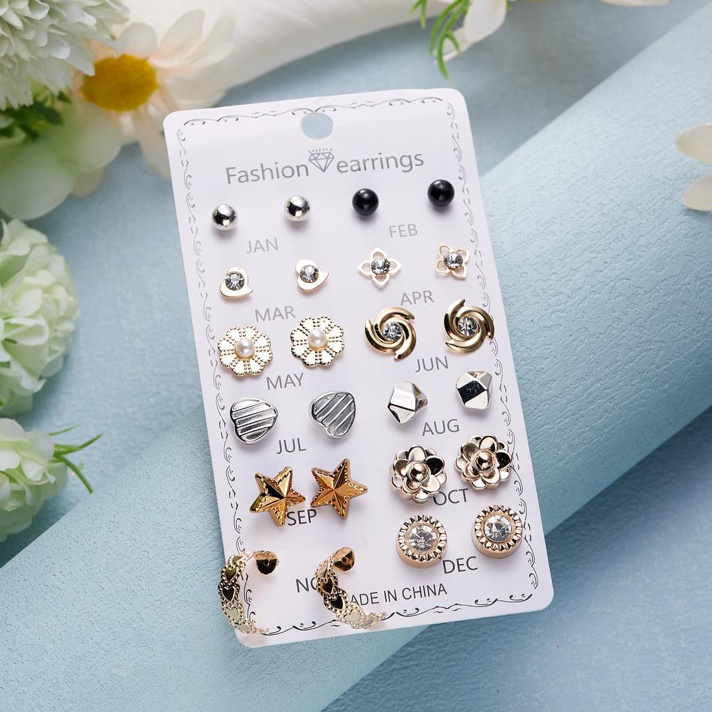12 Pairs/set Crystal Simulated Pearl Stud Earring Sets For Women Shiny Rhinestone Flower Moon Star Metal Earring Mixed Zircon