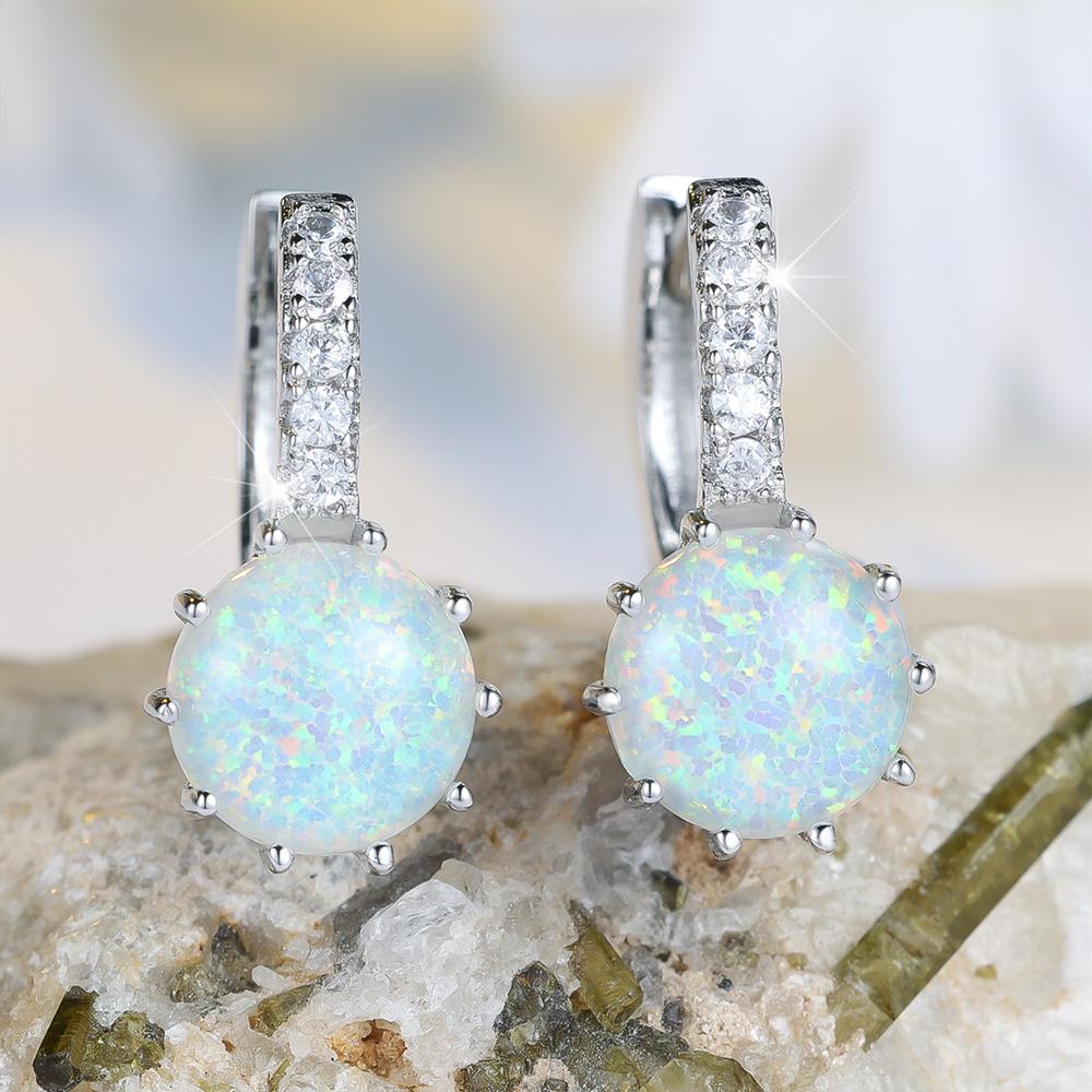 Elegant Female Round Fire Opal Silver Color Hoop Earrings Wedding Jewelry