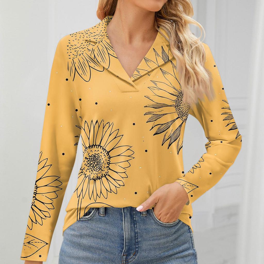 Women's Fashion Leisure Long Sleeve V Neck Flower Printing Top
