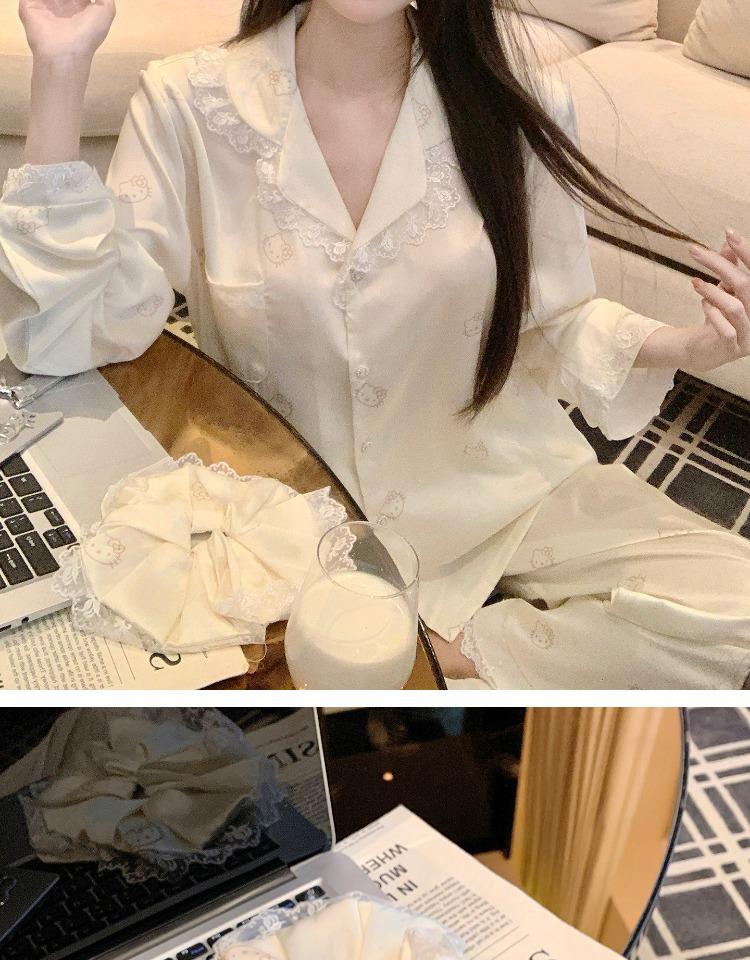 2025 Women's Ice Silk Pajama Set: Cute Kitty, Long-Sleeve for Spring and Autumn