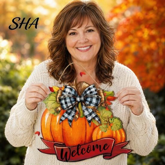 Bright Color Pumpkin Pendant Fall Welcome Sign, Thanksgiving Door Hanger, Wooden Decor Weather-resistant Sign Hanging Porch for Autumn Harvest