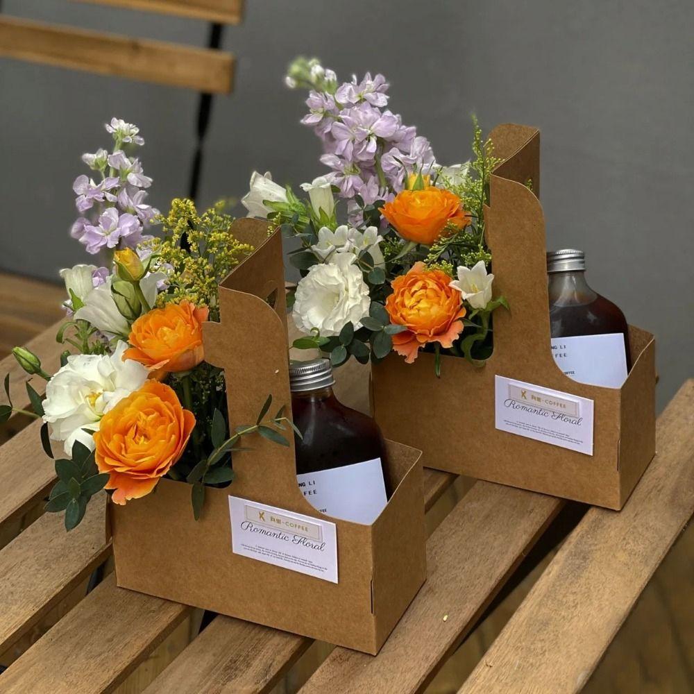 10PCS Kraft Paper Handheld Flower Box Coffee Cup Bag Flower Bag Bouquet Wrapping Bag Weding Party