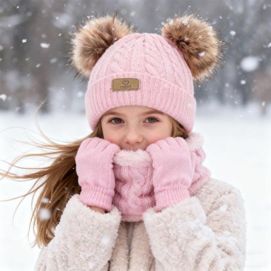 Yousheng 3 шт./компл. Детская зимняя шапка, шарф, перчатки, комплект, шапка без полей с двумя плюшевыми помпонами, вязаные перчатки с текстурой «косичка», флисовая подкладка, набор гетр для шеи