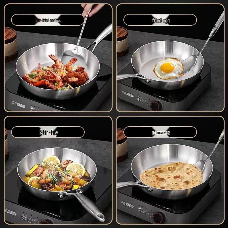 Cross 304 Stainless Steel Triple-Layer Wok: Induction & Gas Compatible Flat-Bottom Frying Pan, Coating-Free.